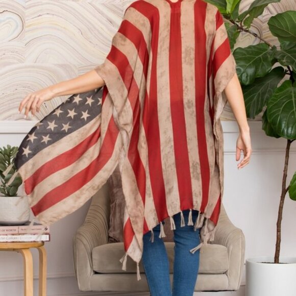 NWT VINTAGE AMERICAN FLAG STYLE OPEN FRONT TASSEL KIMONO - Picture 2 of 2